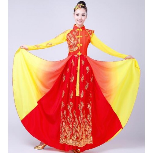 Chinese folk dance costumes for women female ancient traditional yangko fan performance cosplay red gold gradient color long dresses